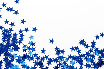 Christmas border with blue star confetti. Holiday background for New Year on white