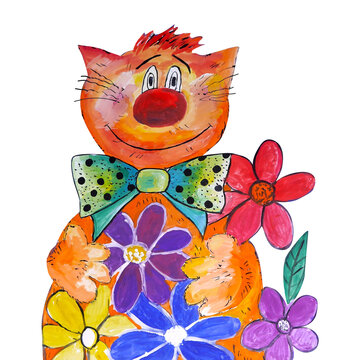 children's drawing of a kind red cat with a smile in flowers on white isolated background