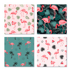 Seamless flamingo birds pattern. Vector set of tropical backgrounds with flamingos and leaves. © Afanasia