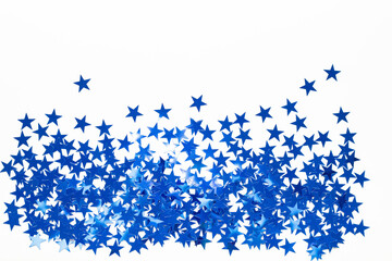 Christmas border with blue star confetti. Holiday background for New Year on white