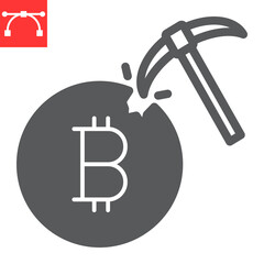 Bitcoin mining glyph icon, cryptocurrency and bitcoin, coin with pickaxe vector icon, vector graphics, editable stroke solid sign, eps 10.