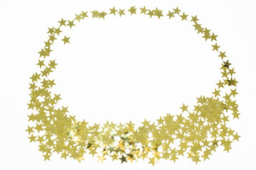 Christmas frame with gold star confetti. Holiday background for New Year on white