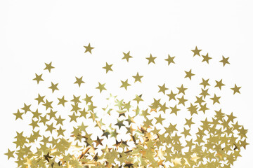 Christmas border with gold star confetti. Holiday background for New Year on white