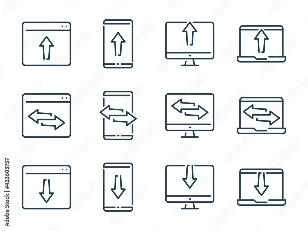 Poster data import, exchange and transfer related vector line icons. synchronization and information swappi