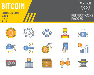 Bitcoin color line icon set, blockchain collection, vector graphics, logo illustrations, bitcoin vector icons, cryptocurrency signs, filled outline pictograms, editable stroke.