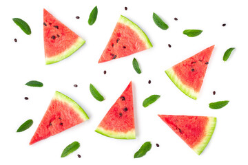 Pattern of slices of watermelon with seeds and mint leaves isolated on white background.
