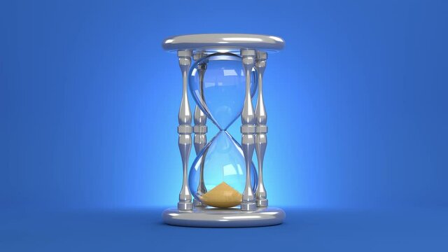 An hourglass on a blue background. Falling yellow sand. 3D-rendering.
