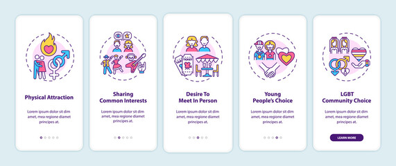 Finding suitable partner onboarding mobile app page screen with concepts. Physical attraction walkthrough 5 steps graphic instructions. UI, UX, GUI vector template with linear color illustrations