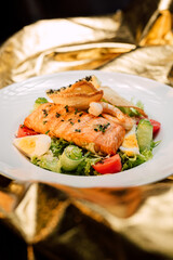 grilled salmon with salad and seafood
