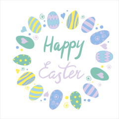 Vector lettering. Happy easter. Handwritten text with small colored details on white background. EPS 10.
