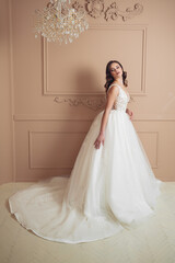 Fototapeta premium Beautiful bride posing in light interior. Morning bride,