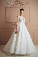 Fototapeta premium Beautiful brunette bride in a fashion wedding dress,princess style. Beauty face.Studio shot.Beautiful bride portrait