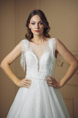 Beautiful bride in a beautiful wedding dress poses on the background of a hotel room