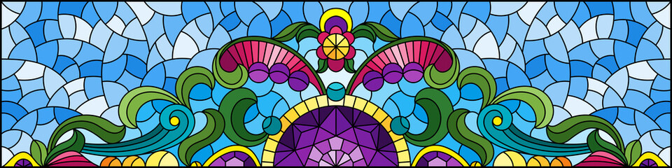 Illustration in stained glass style with abstract flowers, leaves and curls on a blue background, rectangular horizontal image