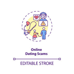 Online dating scams concept icon. Hackers on dating website and blackmail ideas thin line illustration. Play with other people feelings vector isolated outline RGB color drawing. Editable stroke