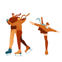 Characters skate on ice, a guy and a girl skate holding hands, a romantic date in winter. Figure skating, girl performing an element in figure skating on white background. Modern flat design.
