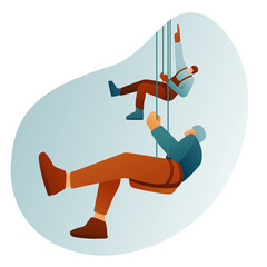Male industrial climbers climb onto the roof of a building using cables on a white background. Guys on safety ropes against the background of flat windows of the house. Modern flat design.