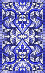 Illustration in stained glass style with abstract flowers, swirls and leaves  on a light background,vertical orientation in a frame, tone blue