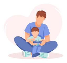 Dad with son playing together. Dad and son, Family, Father's day concept. Isolated vector illustration for greeting card, flyer, poster.