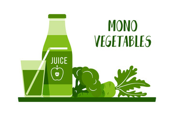 Healthy lifestyle, vegetarian food for weight loss. Vector illustration apples, carrots, broccoli, freshly squeezed juice. One color: green-02.