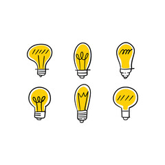 Light bulb doodle collection. Set of hand drawn electric lamp. Symbol of idea, innovation and solution.