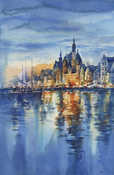 Night city lights by the river in Gdansk. Watercolor illustration