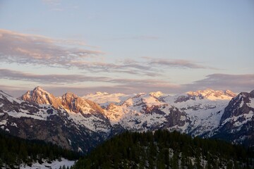 Sunset on snowy mountains in the Bavarian Alps in Berchtesgaden