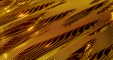Fototapeta premium gold distorted lines and blocks twisting on black background. Abstract background for science, industrial, tech or business presentation. 3d rendering