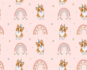 Seamless pattern with corgi, hearts and rainbows. Background for wrapping paper,  greeting cards, design.