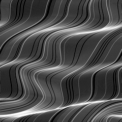 Abstract vector seamless moire pattern with waving curling lines. Striped repeating texture.