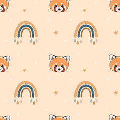 Seamless patten with red panda, stars and rainbows. Background for wrapping paper,  greeting cards, design.