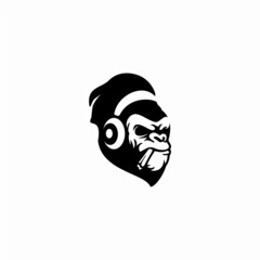 Gorilla head in monochrome style in headphones Vector illustration