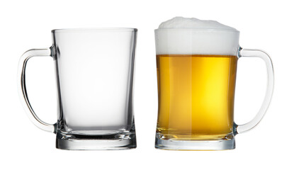Two Mugs beer with cap of foam and Empty isolated on white background.