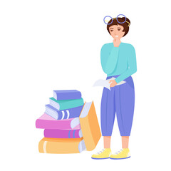 Girl with big books list to read. Top favorite literature concept.