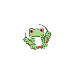 Obraz premium Cute green frog cartoon character icon logo isolated on white background 