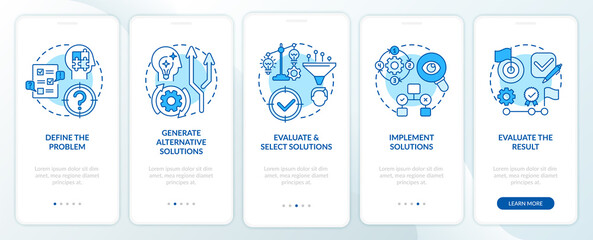 Problem solving steps blue onboarding mobile app page screen with concepts. Decision making process walkthrough 5 step graphic instructions. UI, UX, GUI vector template with linear color illustrations - obrazy, fototapety, plakaty