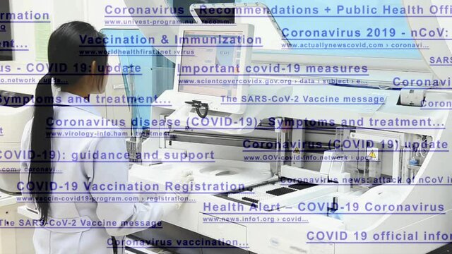 The links of imaginary no-existing websites rolls with a woman working in a laboratory on a modern machine for blood testing.