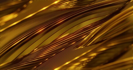 Futuristic grid wave of golden metallic shapes with sparkles . Flow particles landscape. Gold Geometric abstract background. Corporate and technology concept.