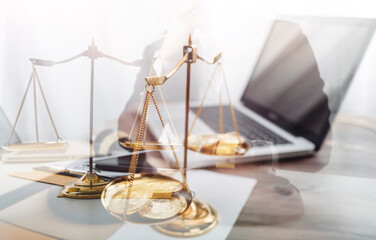 Business and lawyers discussing contract papers with brass scale on desk in office. Law, legal...