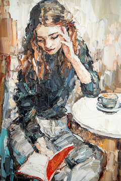 .The girl in the cafe is reading a book. Oil painting of a woman drinking coffee in the morning. Cozy art on canvas.