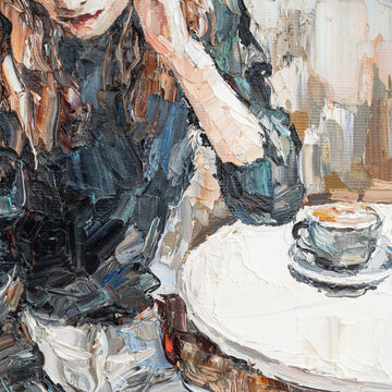 .The girl in the cafe reads a book. Fragment of an oil painting in which a woman drinks coffee in the morning. Cozy and art on canvas.