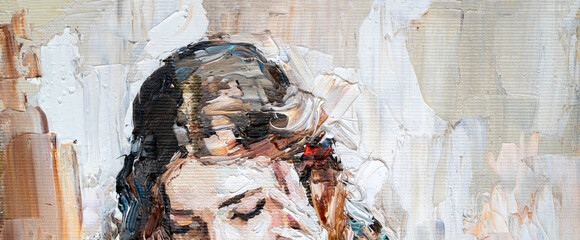 Portrait of a girl in a cafe. Fragment of an oil painting. Cozy art on canvas.