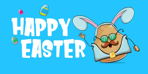 Vector rock star easter potato funny cartoon character with blue easter bunny ears isolated on blue horizontal banner background. rock n roll easter party poster or happy easter greeting card