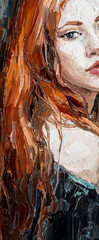 Fragment of work where fiery red curly hair as a waterfall falls from the head of a white-faced girl. Portrait of a girl on a blue background. Oil on canvas.