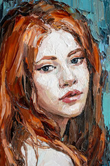 Fragment of work where fiery red curly hair as a waterfall falls from the head of a white-faced girl. Oil on canvas.