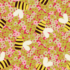 bees flying over flowers seamless vector pattern
