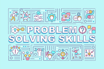 Problem solving skills word concepts banner. Creative thinking. Decision making. Infographics with linear icons on blue background. Isolated typography. Vector outline RGB color illustration