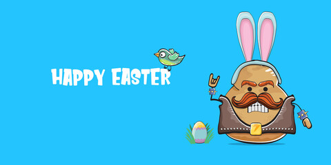 Vector rock star easter potato funny cartoon character with blue easter bunny ears isolated on blue horizontal banner background. rock n roll easter party poster or happy easter greeting card