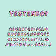 Yesterday vintage 3d vector alphabet set. Retro bold font, typeface. Pop art stylized lettering. Old school style letters, numbers, symbols pack. 90s, 80s creative typeset design template