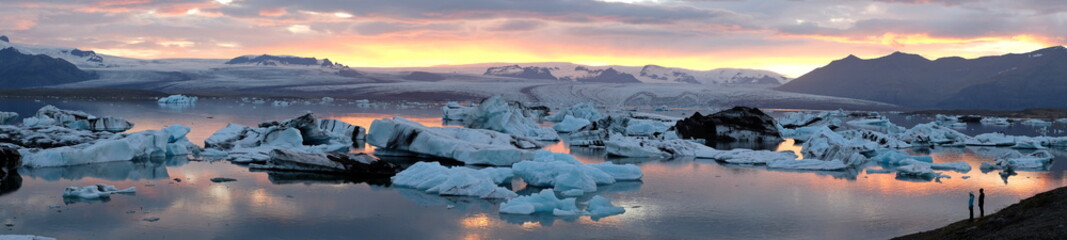 Sunset and panorama on icebergs